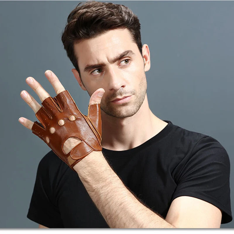 

Fingerless Gloves Goat Skin Leather Half Finger Gloves Summer Breathable Driving Semi-Finger Non-Slip Fitness Men Gloves NZ154