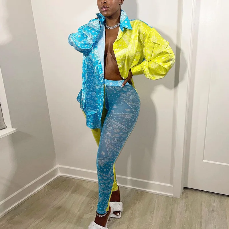 

Bandana Patchwork Baddie Outfits Satin Blouse And Mesh Leggins Two Piece Set Long Sleeve Fall 2021 Casual Co-ord Sets