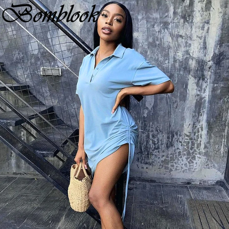 

Bomblook Casual Fashion Bodycon Dresses For Women's 2021 Summer Clothing Solid Short Sleeve Drawstring Mixi Dress Female Outfits