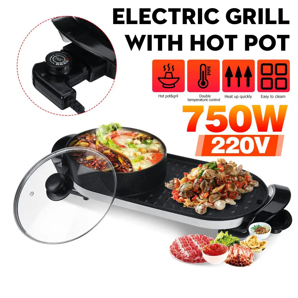 

750W 2 In 1 Electric Hot Pot Cooker BBQ Grill Household Twin Divided Hot Pot Multifunctional Electric Grill Non-stick Pan 220V