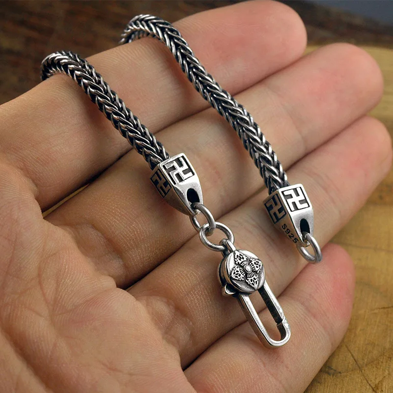 Браслет Хвост Лисы FNJ из Серебра 925 шириной 3.5мм, оригинальный чистый S925 браслет для женщин и мужчин с ювелирными крестами Vajra на проволочной цепочке.