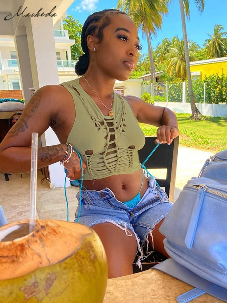 

Macheda Summer small pure and fresh sleeveless vest hollow out tie sexy small vest sunshine beach leisure T-shirt slim soft cool