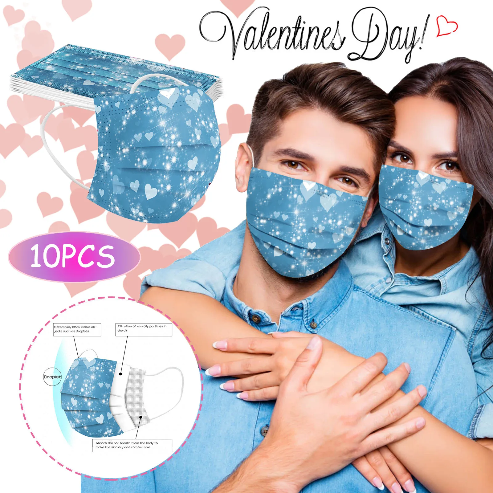 

10pcs Adult's Face-Mask Valentine's Days Disposable 3Ply Earhook Heart Print Non-Woven Mascarillas Anti-Dust Mask Masque