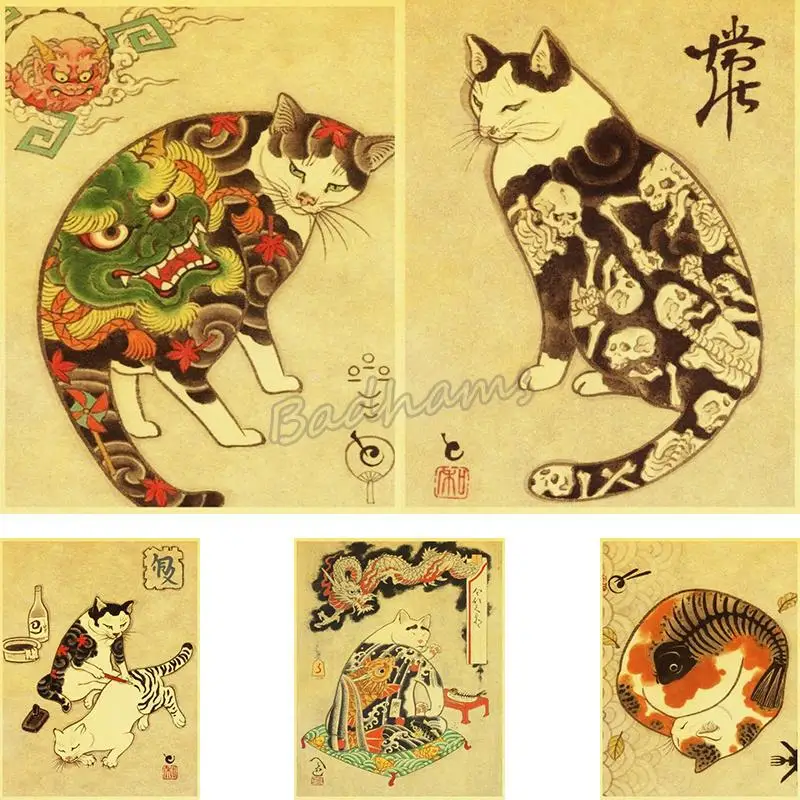 ВИНТАЖНЫЙ ПЛАКАТ из крафт-бумаги японская Татуировка самурая кошка картина Hd