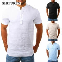 shifuren men cotton linen shirts short sleeve loose casual v neck shirts buttons up streetwear tops retro blouse camisas hombre