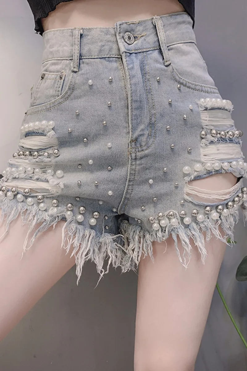 

2020 Summer New Fashion Casual Embroidered Flares Solid Pearl High Waist Hollow Out Slim Denim Shorts Women Jeans