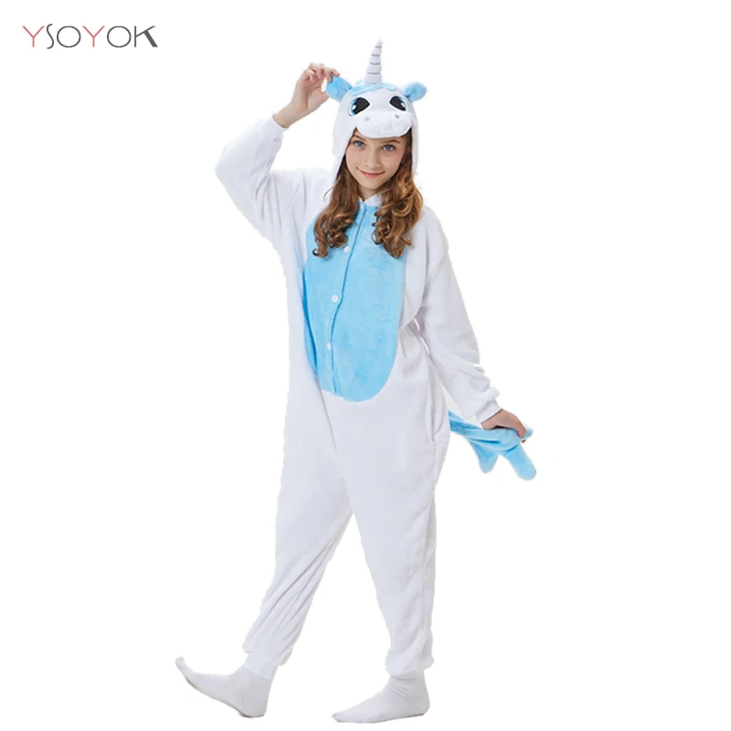 Blue Unicorn Kigurumi/детская зимняя одежда для сна; детская пижама панда с единорогом; комплекты одежды для маленьких девочек и мальчиков; комбинезон с Пикачу для детей 4, 6, 8, 10, 12 лет - Цвет: Blue Unicorn