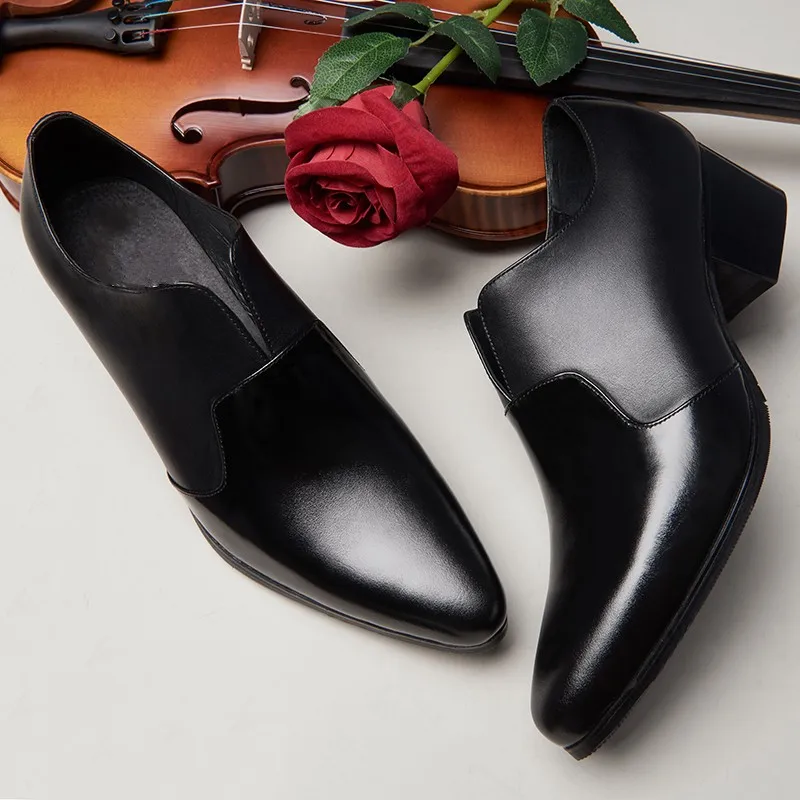 

Autumn Black Pointed Toe Leather Shoes Men Business Casual Genuine Leather Slip On Formal Shoes Wedding High Heel Shoes Male