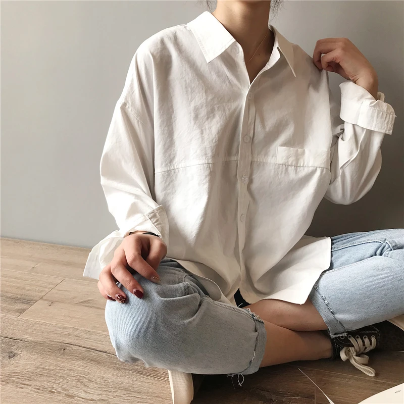 

Рубашка женская Свободная с отложным воротником, однотонная белая блузка в минималистичном стиле с длинным рукавом, весна-лето 2021
