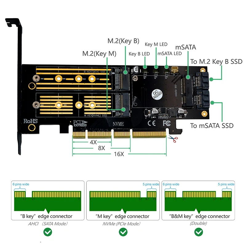 Обновленная версия 3 в 1 Msata и M.2 NGFF NVME SATA SSD на PCI E 4X SATA3 адаптер с охлаждающим