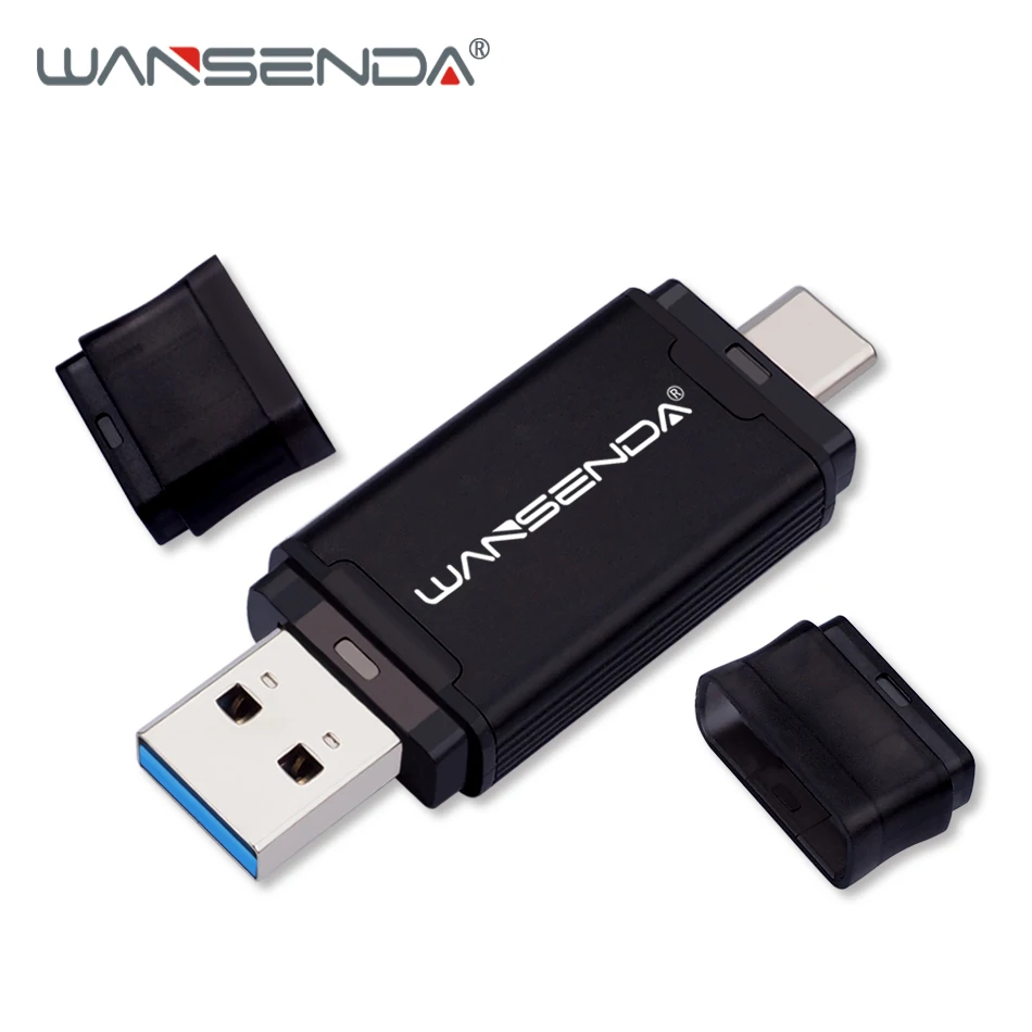 Черный Горячая WANSENDA, 2 в 1, TYPE-C, USB 3,0, USB флеш-накопитель, металлический флеш-накопитель, 16 ГБ, 32 ГБ, 64 ГБ, 128 ГБ, 256 ГБ, 512 ГБ, флеш-накопитель, USB флешка - Цвет: Черный