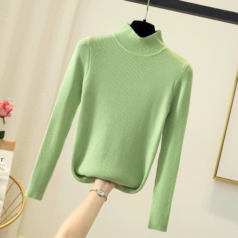 

2021 Spring Winter Korean Slim Women Half High Collar Long Sleeve Turtleneck Stretchable Pullover Soft Warm Sweater
