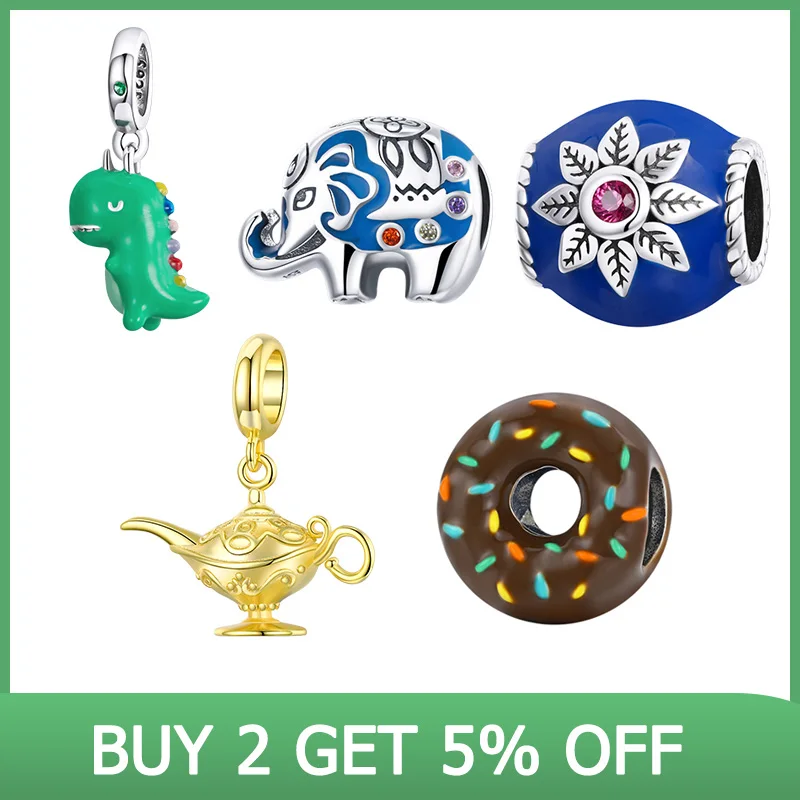 

BISAER 100% 925 Sterling Silver Little Dinosaur Elephant Wishing Lights Charm Beads fit Women Bracelet DIY Beads Fine Jewelry