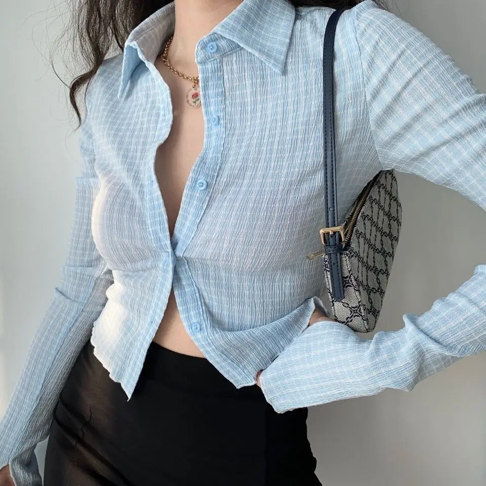 

Women Blouses Short Spring Autumn New Casual Chiffon Full Plaid Turn-down Collar Vintage Long Sleeve Women Tops Simple