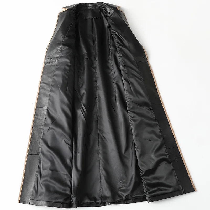 Women's Real Leather Slim Long Spring Sheepskin Coat Black High Quality Jacket with Belt High End Temperament New Windbreaker