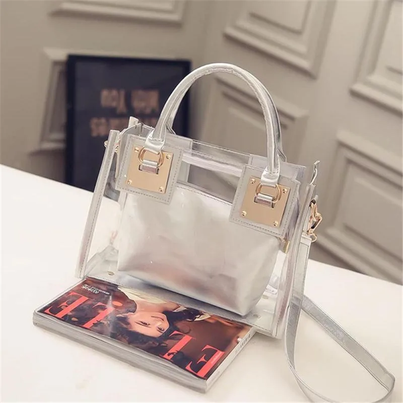 Transparent handbag women Girl Fashion Beach Bag pvc material metal parts pu leather Handbags  crossbody messenger clutch purse