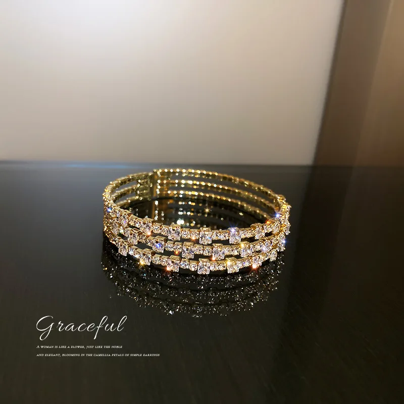 

New Fashion Personality Geometric Super Flash Full Rhinestone Open Bracelet Female Temperament Exquisite Bracelet Party Jewelry