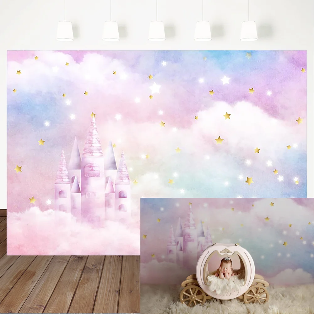 

Pink Castle Newborn Baby Photography Backgrounds Golden Stars Children 1st Birthday Photographic Backdrops For Photo Studio
