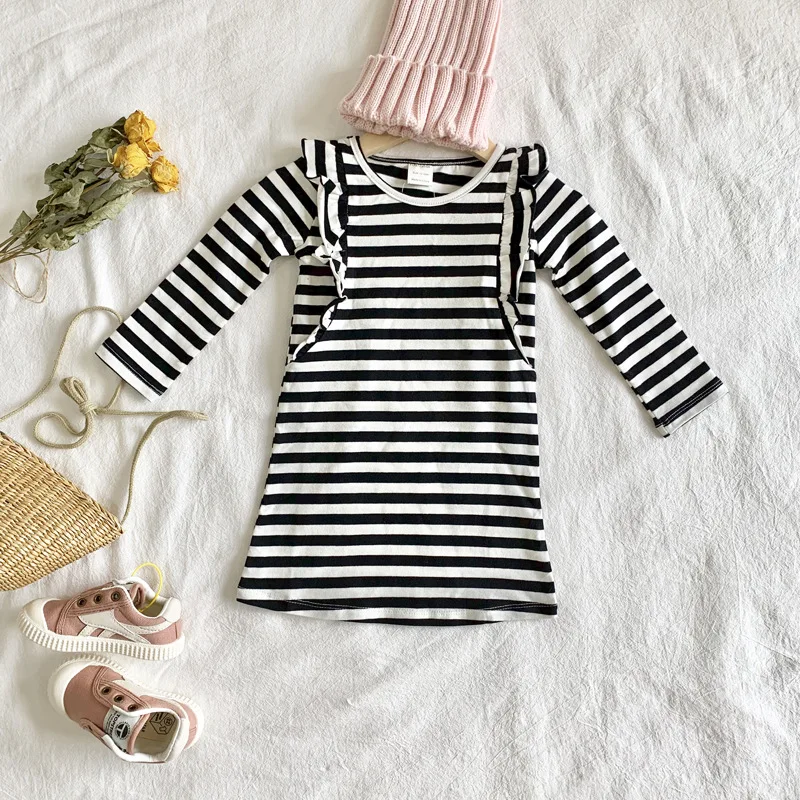 1-4Years Baby Kids Girls Cotton Striped Dress 2019 Autumn New Toddler Girl's Elegant Ruffles Fall Casual Clothes | Детская одежда и