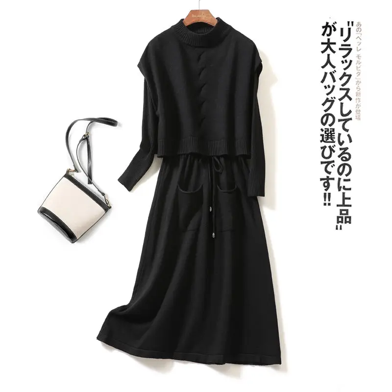 

Women Knit Dress 2020 Autumn Winter New Long Sleeve Two Piece Sets Elegant Slim Medium Length Dress+O-Neck Vest Sweater Pullover