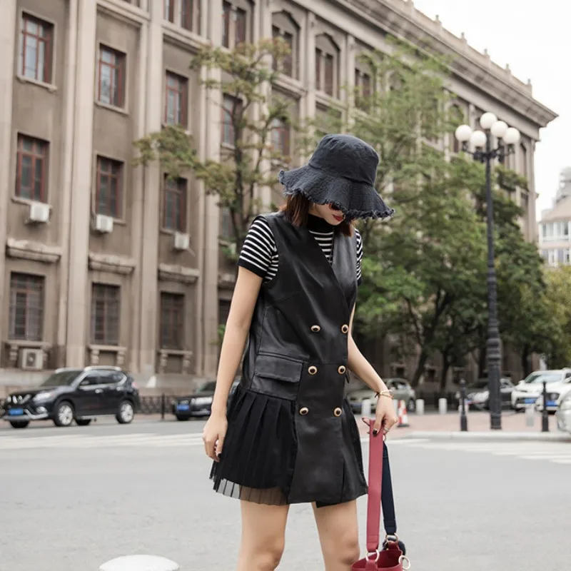 Новое Женское Сетчатое платье без рукавов из натуральной кожи Повседневная