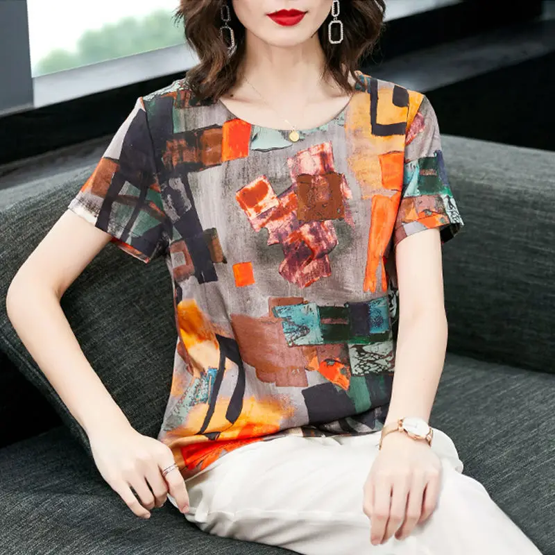 

Ice Silk Casual Printed Pullover T-Shirt Women O-neck Tee Fashion Short Sleeve Loose T-Shirts Plus Size 4XL Ladies Tops Y55