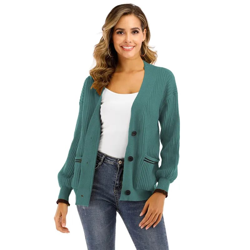 

Casual Fashion 2020 Winter Women Cardigans V-neck Single Breasted Pockets Loose Knitting Sweater