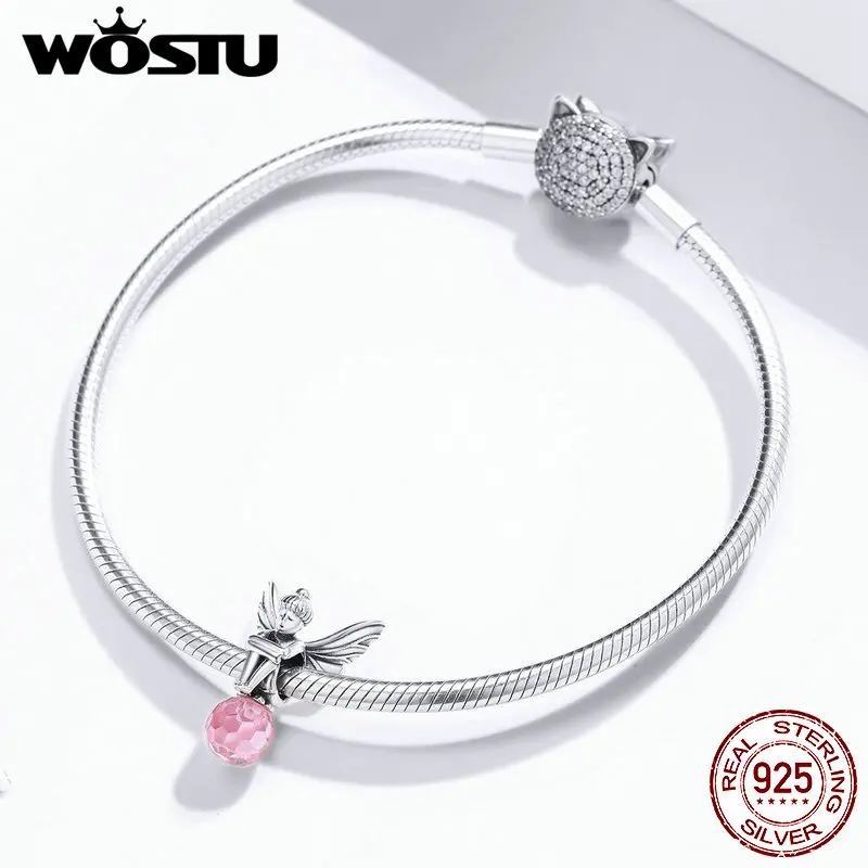 WOSTU Pink Zircon Flower Elf Charms 100% 925 Sterling Silver Fairy Beads Fit Original Bracelet Pendant For Women Jewelry FIC1483 | Украшения