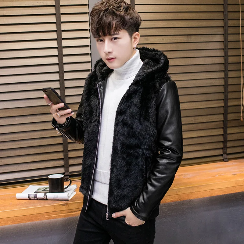 

2020 men with hair thickening hooded fur youth fashion handsome personality imitation fur leather jacket