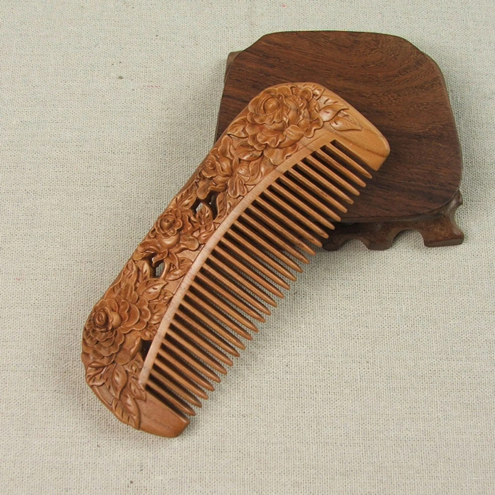 Полые розы цветы резная расческа из персикового дерева антистатический