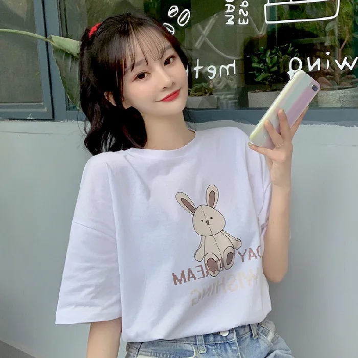 

Short-sleeved T-shirt Female Hong Kong Flavor Loose Korean Style Ins Student Harajuku Style Bf Cartoon Half-sleeved Top