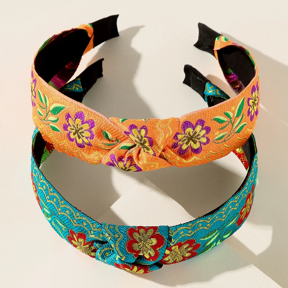 

Female Retro Ethnic Hairband Embroidery Flower/Leaf Headband Head Bezel for Women Cross Knotted Hair Hoop Headbands Headwear