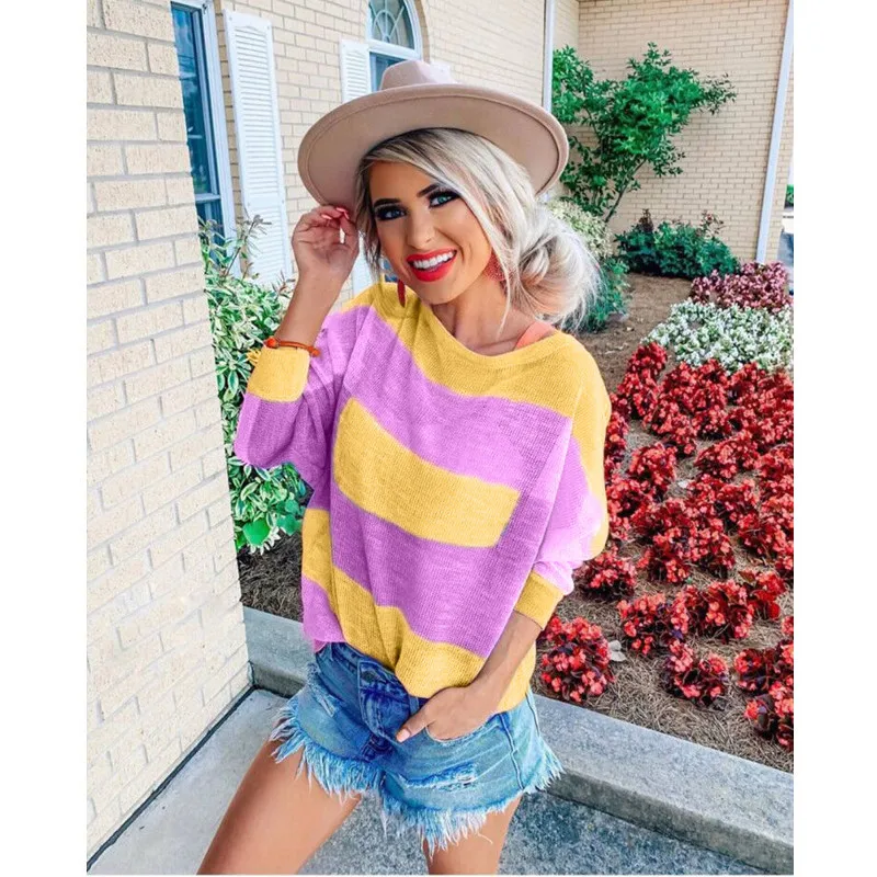 Осенняя футболка с длинным рукавом Женская Повседневная Camiseta Mujer топы Футболка Ropa Harajuku полосатая футболка Blusas Женская водолазка женская одежда - Цвет: B purple