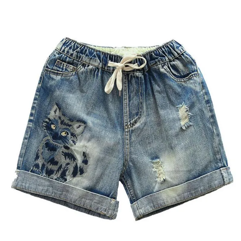 

Embroidery Cat Denim Shorts Women 2021 Summer Literary Retro Hole Loose Casual Elastic Waist Jean Shorts Plus Size 3xl r1186
