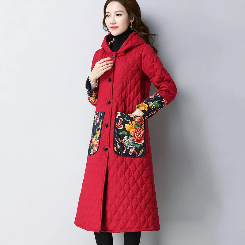 

2019 New Female Winter Long Down cotton jacket Large size Warm Ethnic style print Hooded coat Women cc659