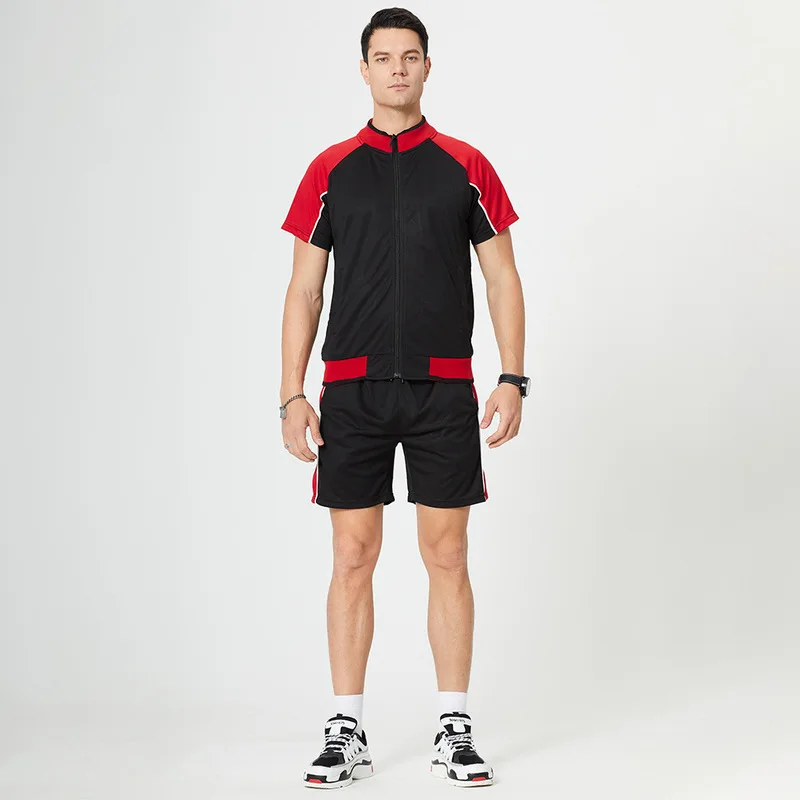 

Men's Outdoor Sports Two-Piece Men's Red And Black Stitching Zipper Short-Sleeved Jacket And Casual Shorts Fashion Set Men's Set