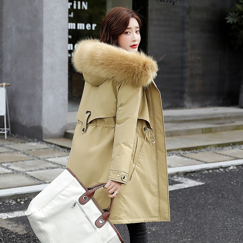 

Длинная куртка на шерстяной подкладке для женщин, однотонная парка с капюшоном, женская зимняя приталенная, в Корейском стиле, с меховым вор...