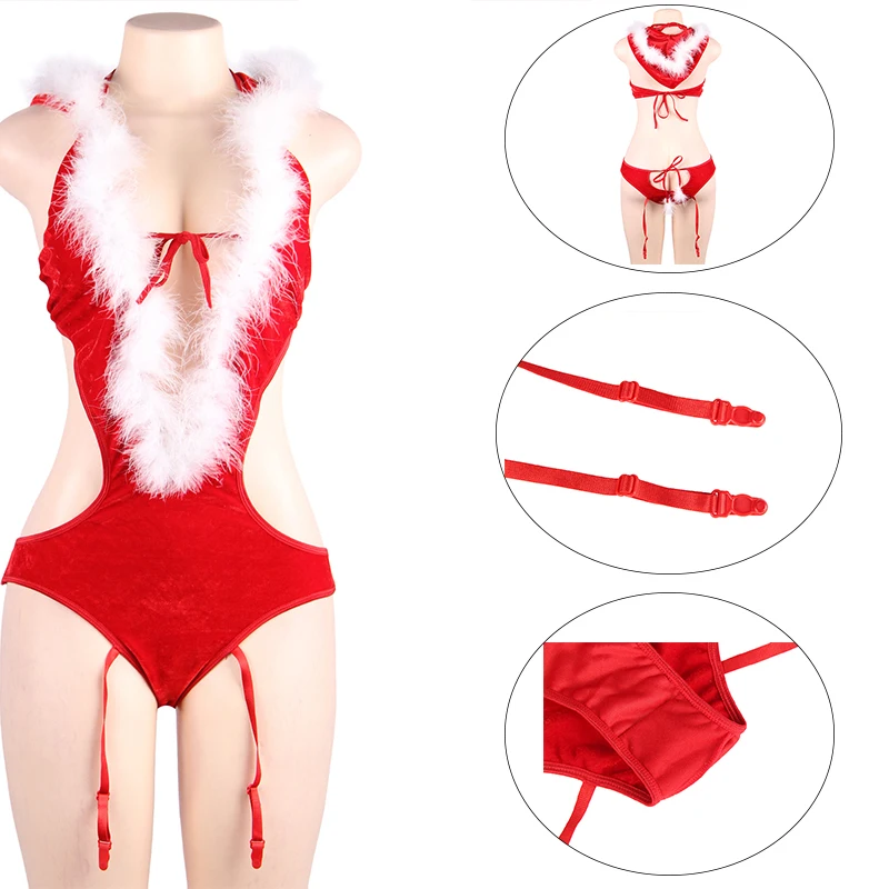 

Comeonlover Backless Teddy Lingeries V-neck Halter Romper Costume Over Knee Cute Elastic Stockings Christmas Sexy Women SI9061