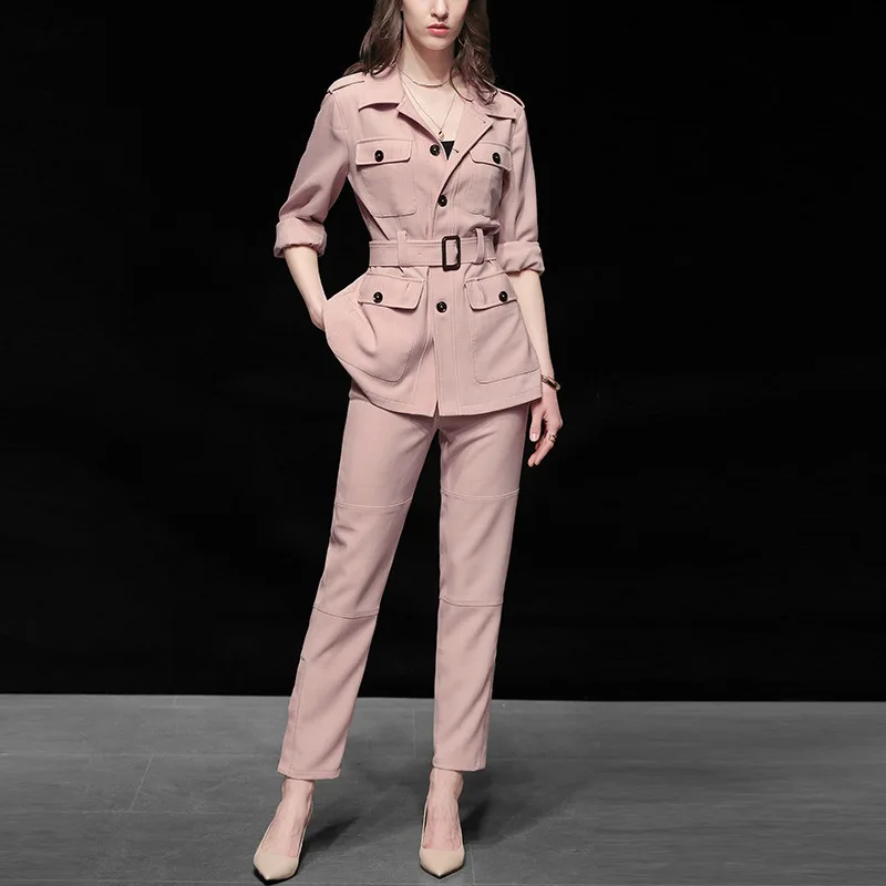 

2021 new women's fashion temperament western style two-piece pink jacket jacket feet pants pants suit women suits office sets