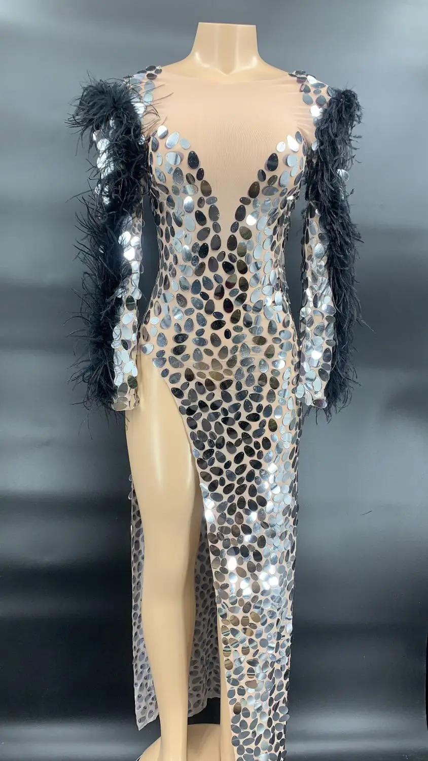 

Sparkly Silver Sequins Black Feather Sleeves Long Dress Birthday Celebrate Transparent Costume Dress Women Dancer Dresses