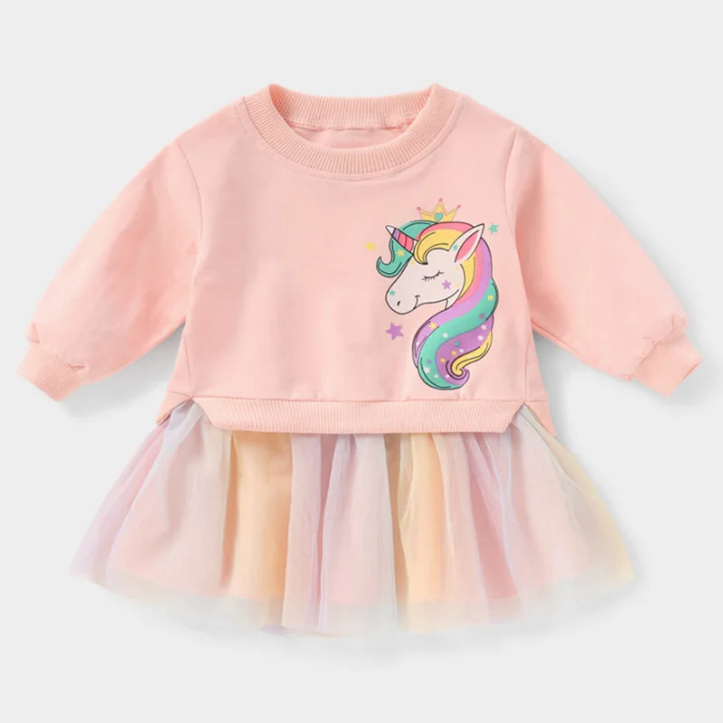 

Keelorn 2021 Autumn New Baby Girls Cartoon Cute Clothes Children Mesh Patchwork Dress Kids Girls Unicorn Pattern Princess Dress