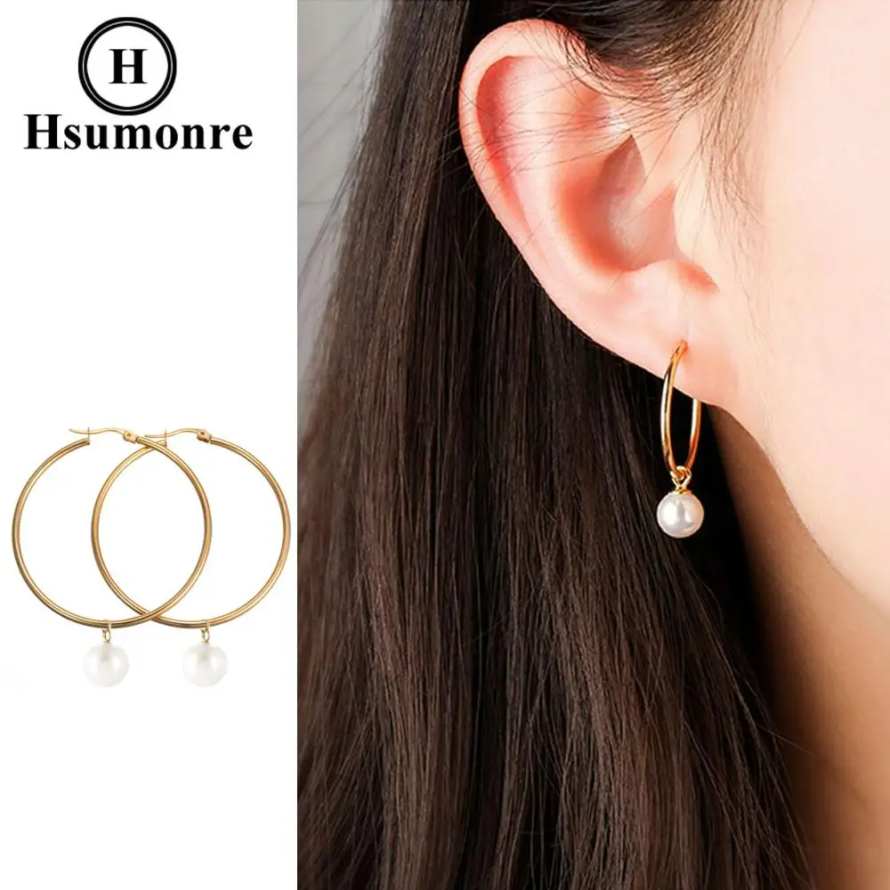 Женские круглые серьги кольца Hyperbole большие геометрические длинные с жемчугом