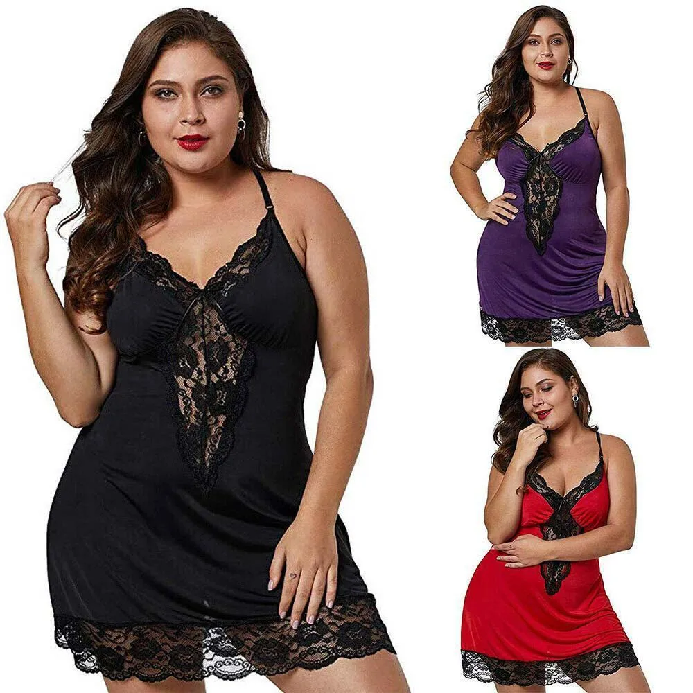 

Women Plus Size Lace Mesh Babydoll Nightdress Lingerie Ladies Sleeveless Nightwear Sleepwear Pajamas