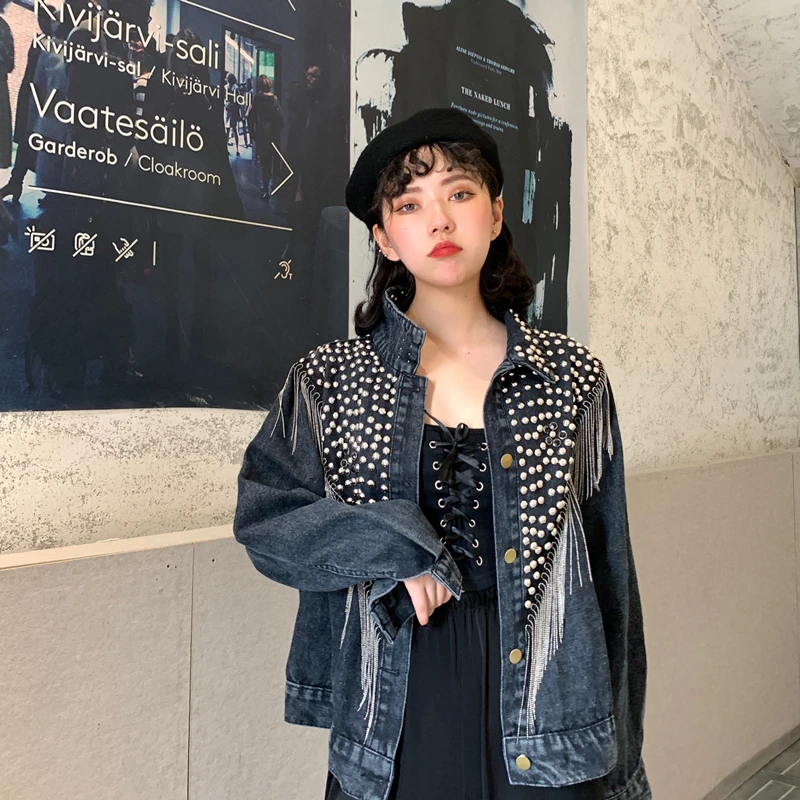 New Women Autumn Hand-studded Rivet Tassel Chain Short Jeans Coat Woman's Loose Jacket Coat Fashion Streetwear Denim Jacket