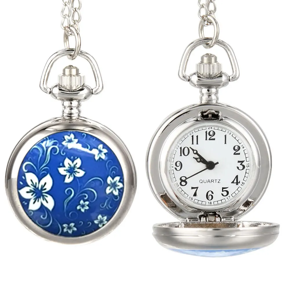 

Женские карманные часы, модные винтажные часы с голубыми цветами из сплава с цепочкой для свитера и ожерелья, подарки XRQ88