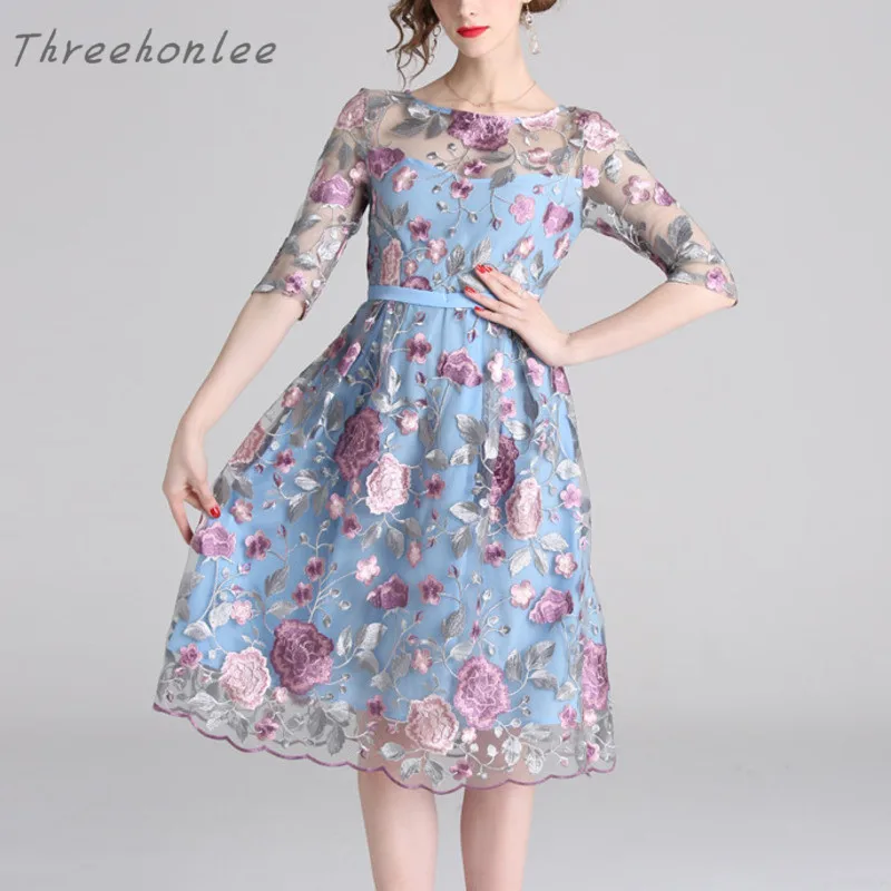 

High Quality New 2021Summer Dress Women Luxury Half Sleeves Patterned Hollow Mesh Flower Embroidery Woman Gauze Dress