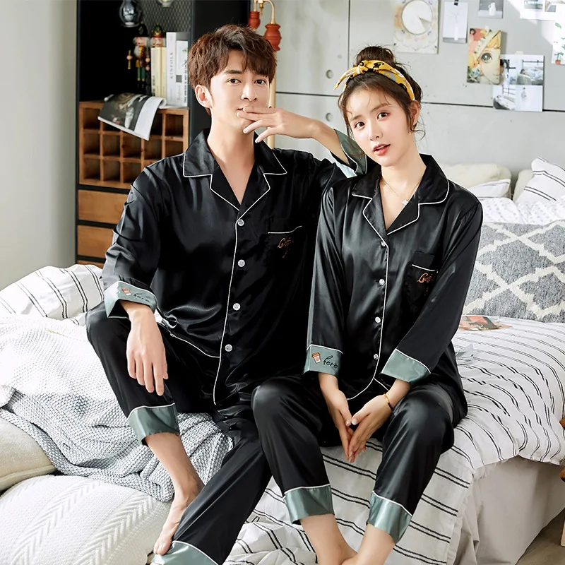 

Couple Black Satin Pajamas Set Long Sleeve Sleepwear Pijama Pyjamas Suit Women Men Sleep 2Pcs Loungewear