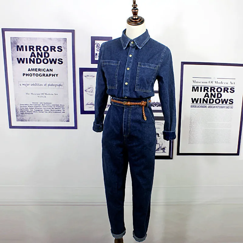 Женский джинсовый комбинезон с поясом повседневный Осенний длинным рукавом и