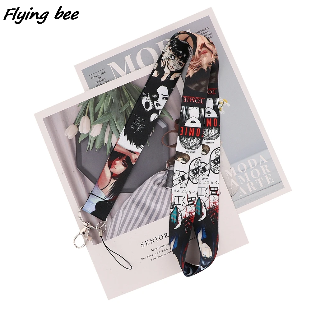 

Flyingbee для подарков на Хэллоуин ужас Рисунок девушка чтомые шнур значок ID-карабином новые стильные тесёмки оптом мобильный телефон веревка шнурки шейные платки X2019