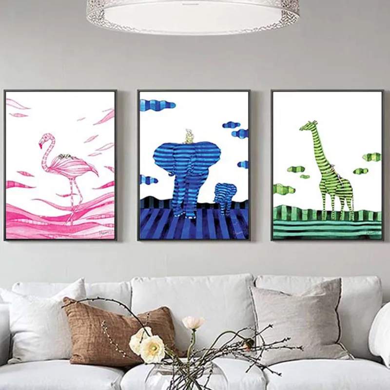 Мультфильм ясельного искусства Фламинго Слон Олень плакат ПОП настенный